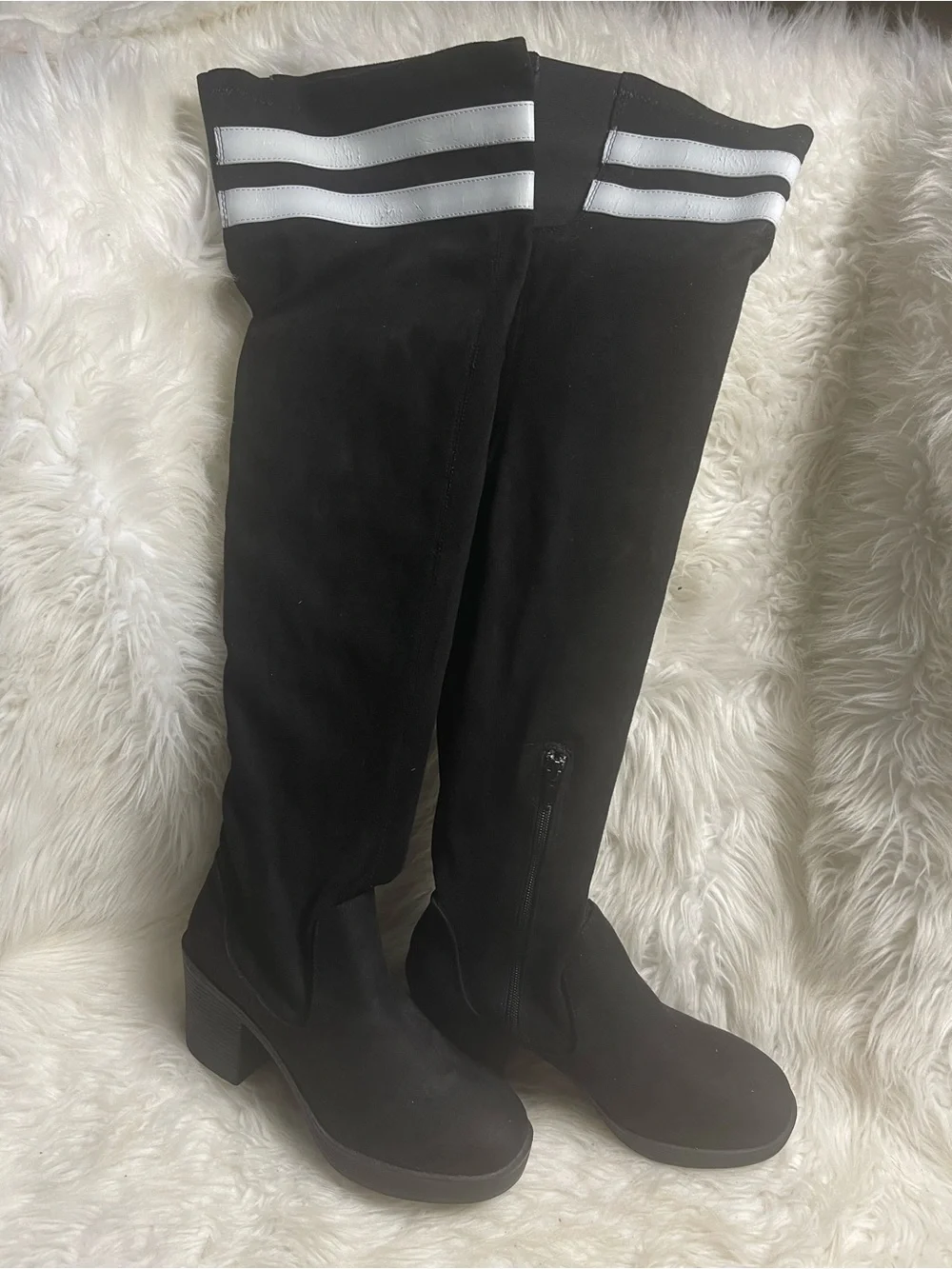 Lust For life Over-the-Knee Black Fabric Block Heel Boots white Stripes SZ9M